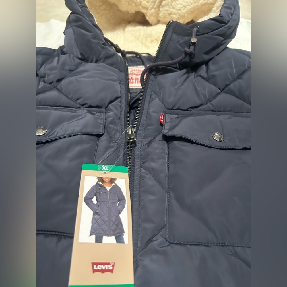 Levi's Women's Soft Sherpa Lined Diamond Quilted Long Parka Jacket XL NWT - Picture 10 of 10